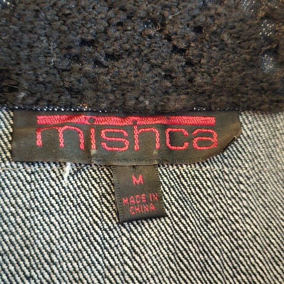 Blue Denim Embroidered Jean Jacket, Black Crocheted Lace Sleeves BOHO by MISHCA - Picture 6 of 7